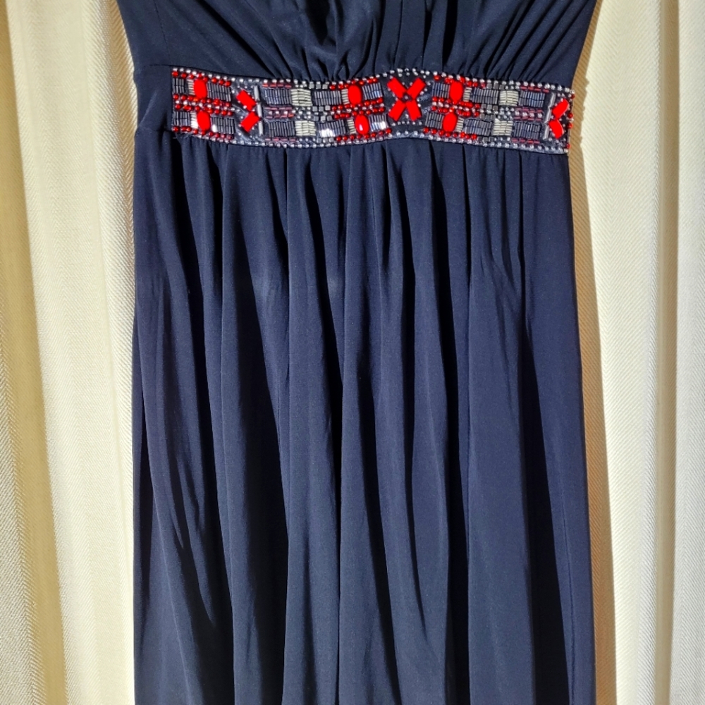 White House Black Market shoulderless black dress with red/black beaded pattern